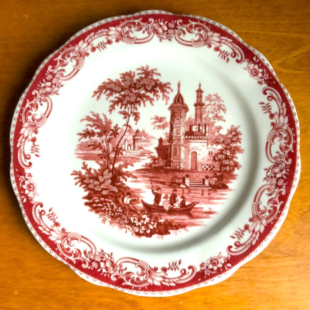 Red scrolls / landscape Salad Plate by the Madison Bay Company.